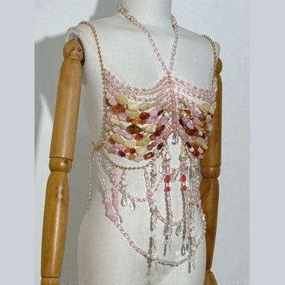 Beaded halter metal chain hollow out cami cut out top