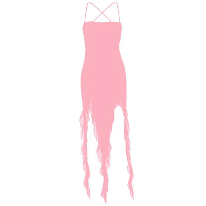 Ruffle cross back solid lace up cami maxi dress