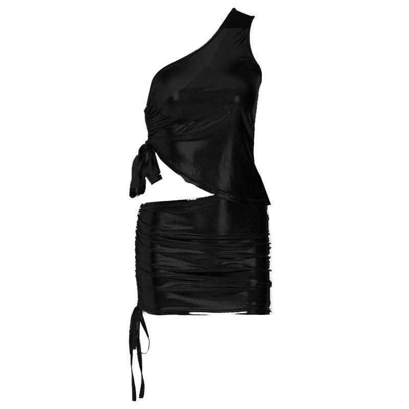 Metallic drawstring irregular one shoulder mini skirt set-final-sale