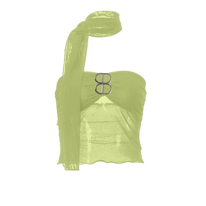 Sheer mesh backless buckle ruffle solid tube crop top