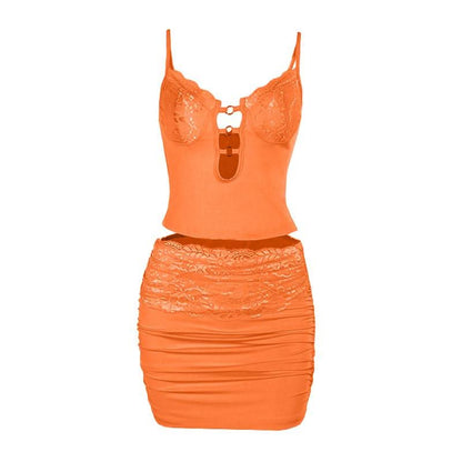 Hollow out v neck lace hem ruched cami mini skirt set