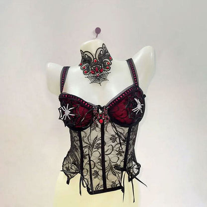 V neck bowknot spider applique cross pattern cami top