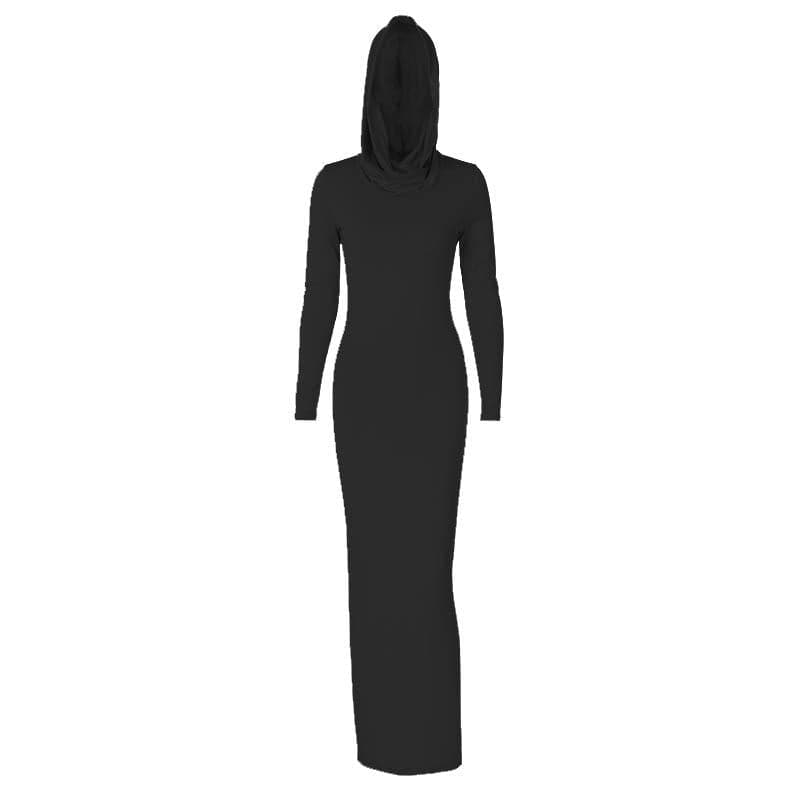 Hooded Long Sleeve Cowl Neck Side Slit Bodycon Maxi Dress