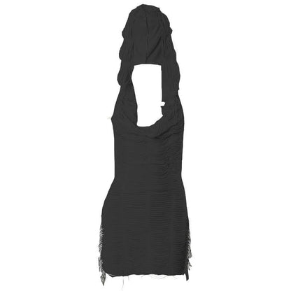 Layered Fringe Strip Cut Out Deep V Neck Sleeveless Backless Mini Dress