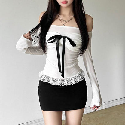 Long sleeve bowknot off shoulder lace hem ruched top