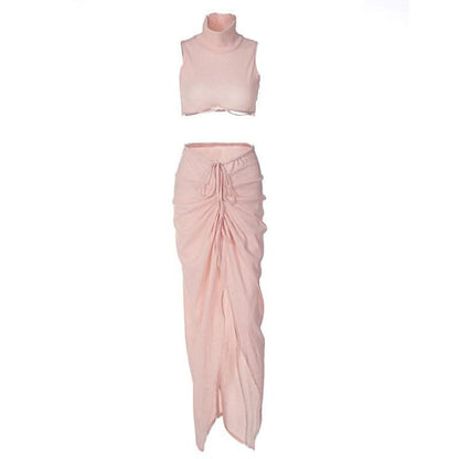 Slit textured sleeveless high neck ruched solid maxi skirt set-final-sale
