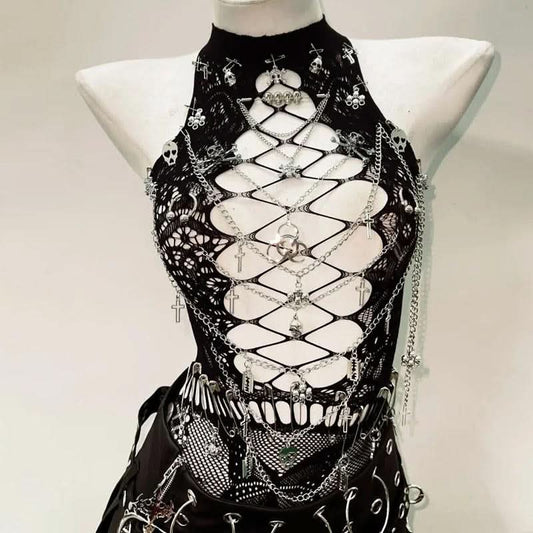 Hollow out metal chain crewneck lace cut out top