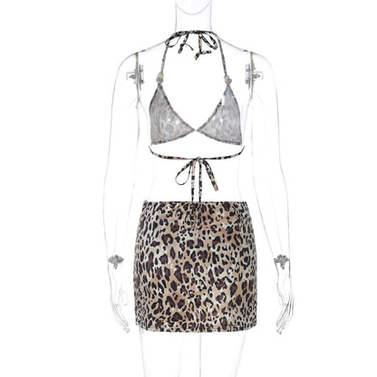 Halter self tie leopard print v neck mini skirt set