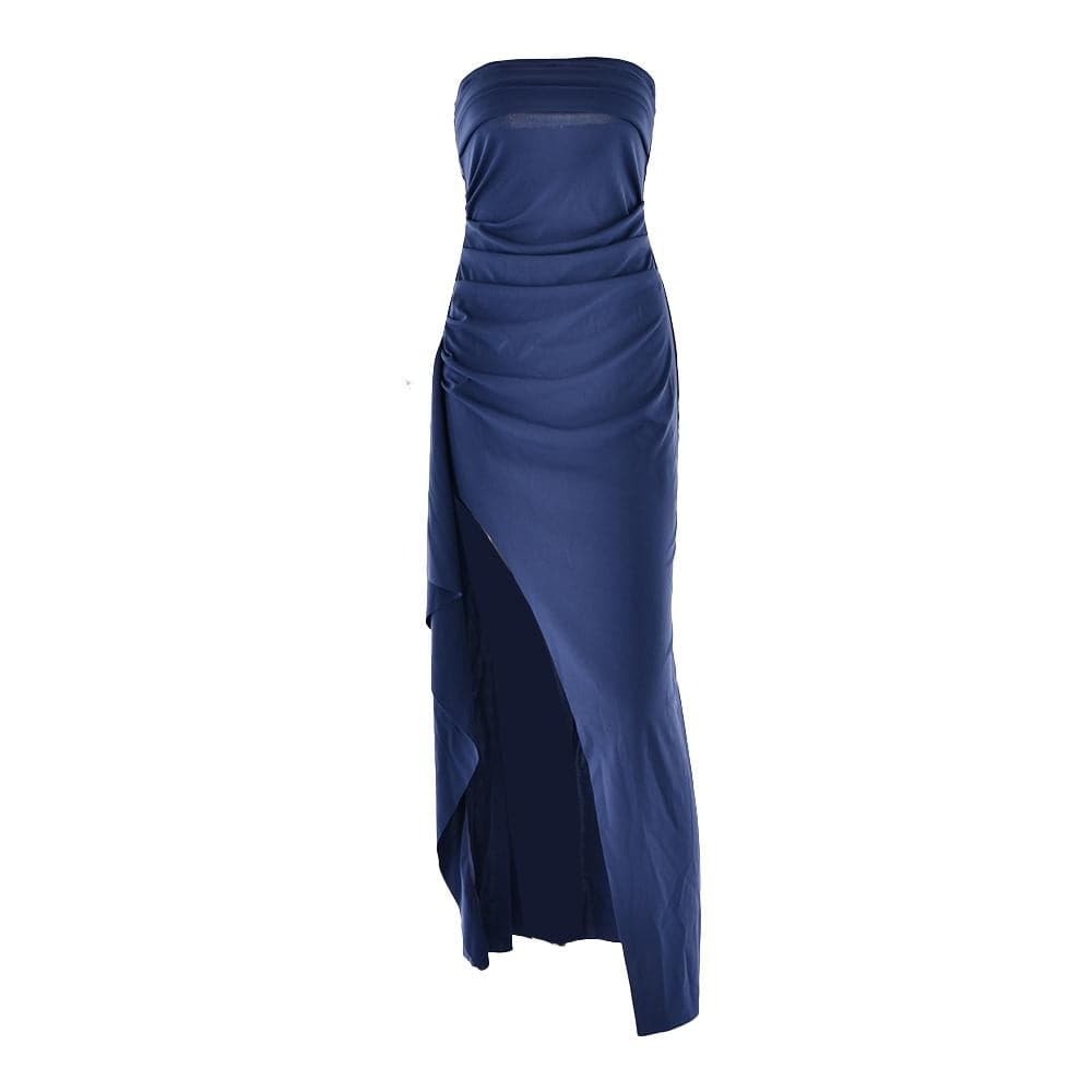 Ruched high slit irregular ruffle tube maxi dress