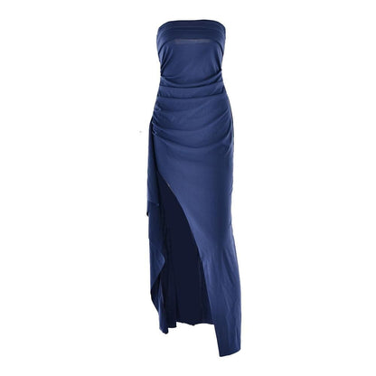 Ruched high slit irregular ruffle tube maxi dress