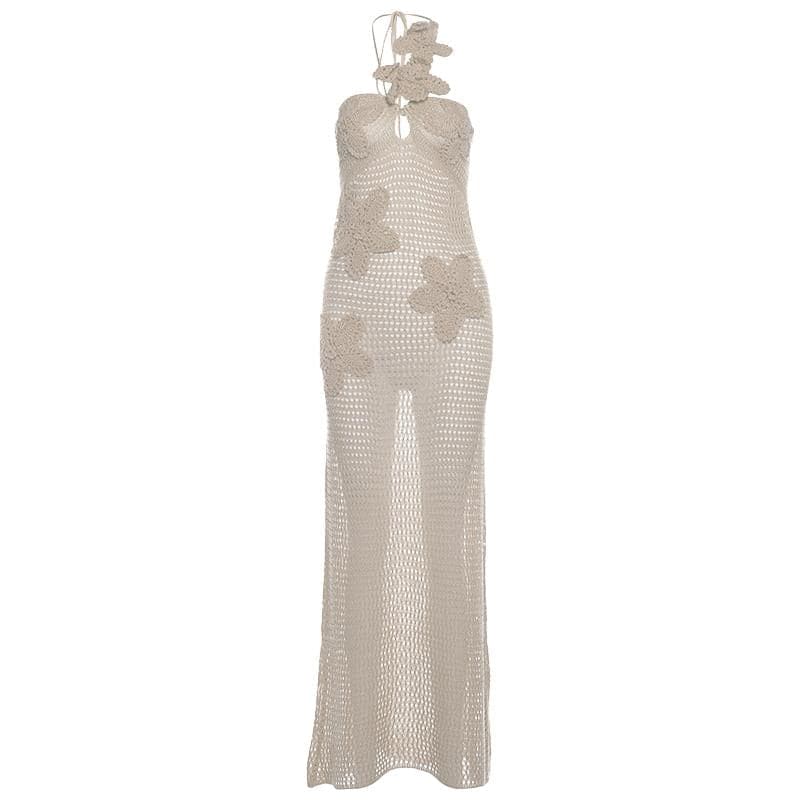 Halter knitted flower pattern see through maxi dress-final-sale