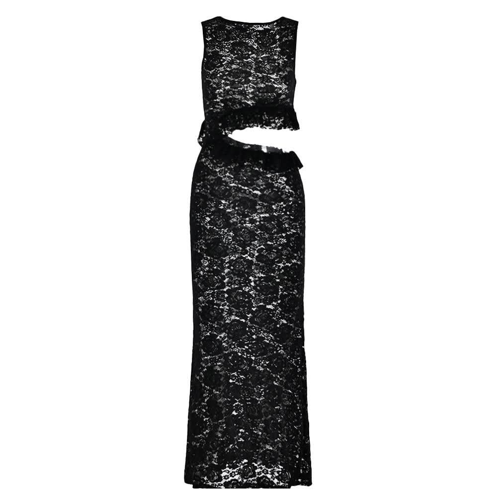 Crewneck hollow out lace ruched see through cut out maxi dress