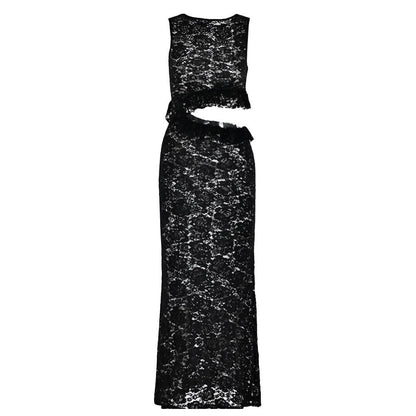 Crewneck hollow out lace ruched see through cut out maxi dress