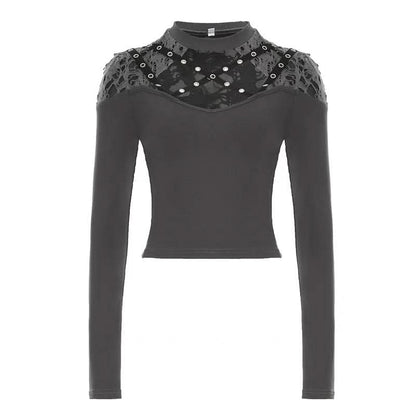 Long sleeve crewneck hollow out cut out top