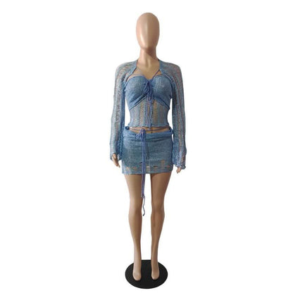 Glitter knitted long sleeve hollow out 3 piece mini skirt set