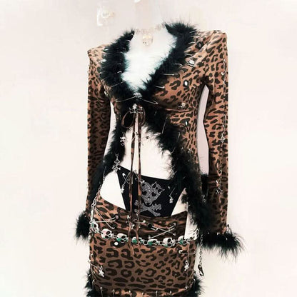 Leopard print feather v neck long sleeve mini skirt set