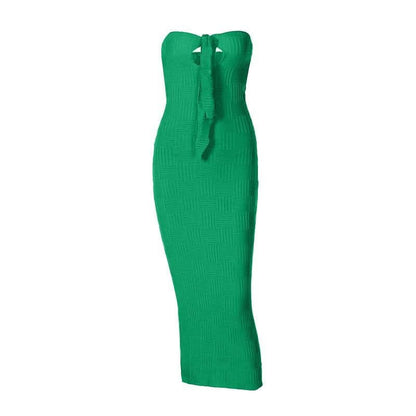 Hollow out knitted backless self tie solid textured tube cut out maxi dress-final-sale
