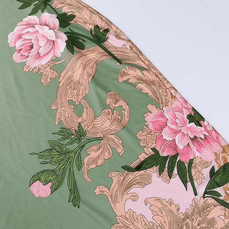 Spaghetti Strap V-Neck Floral Baroque Print Satin Bodycon Maxi Dress