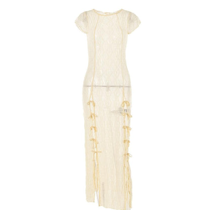 Sheer Diamond Mesh Cap Sleeve Side Bow Tie Slit Maxi Dress