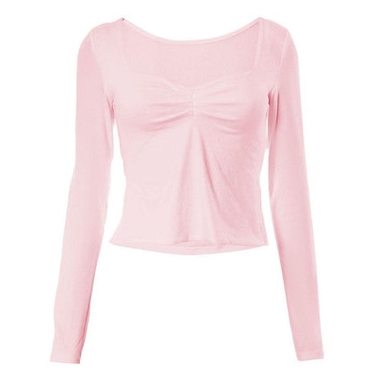 Square neck ruched long sleeve slit solid top
