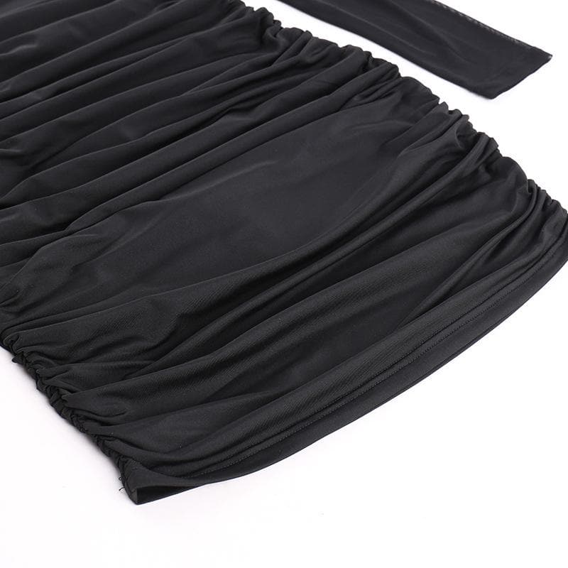 Flower applique mesh ruched off shoulder long sleeve mini dress