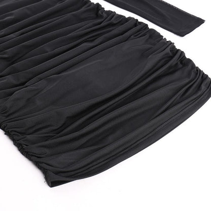 Flower applique mesh ruched off shoulder long sleeve mini dress