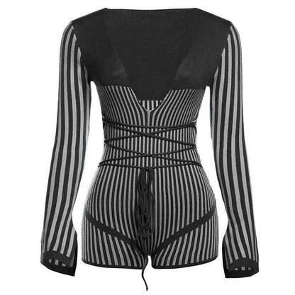 Slit long sleeve deep V neck striped self tie romper