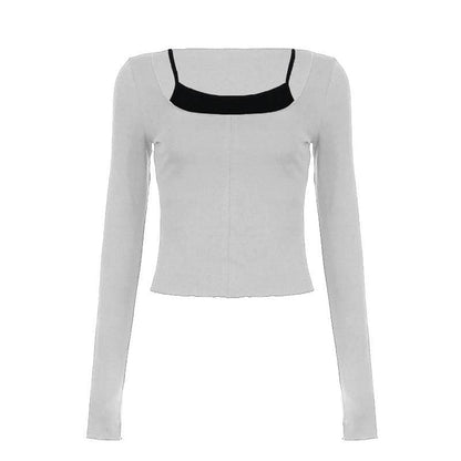 Contrast patchwork long sleeve round neck top
