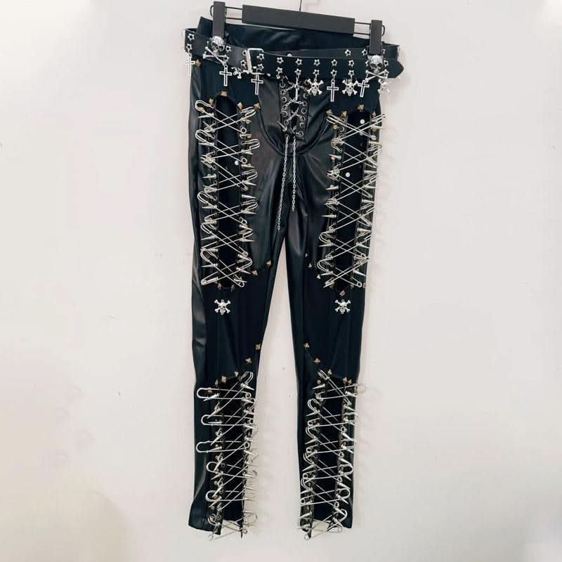 Lace up metal chain hollow out skull applique pant