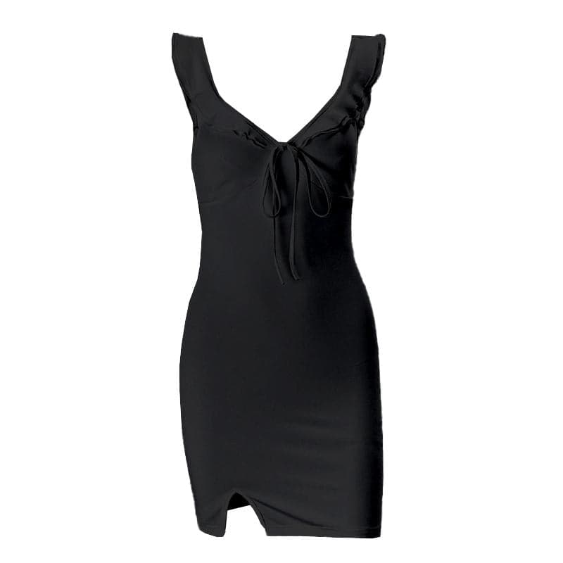 V neck slit knotted backless cami mini dress