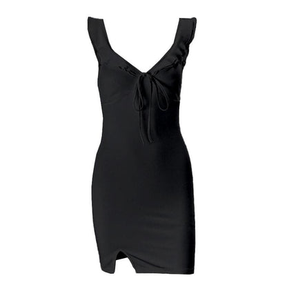 V neck slit knotted backless cami mini dress