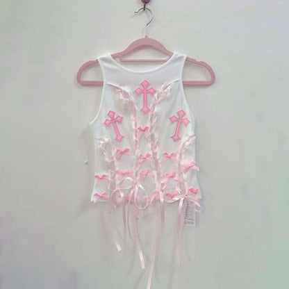 Crewneck bowknot cross pattern lace up ribbon top
