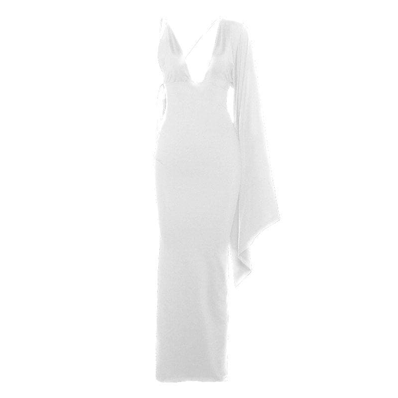 Deep V One Shoulder Angel Sleeve Mermaid Bodycon Maxi Dress