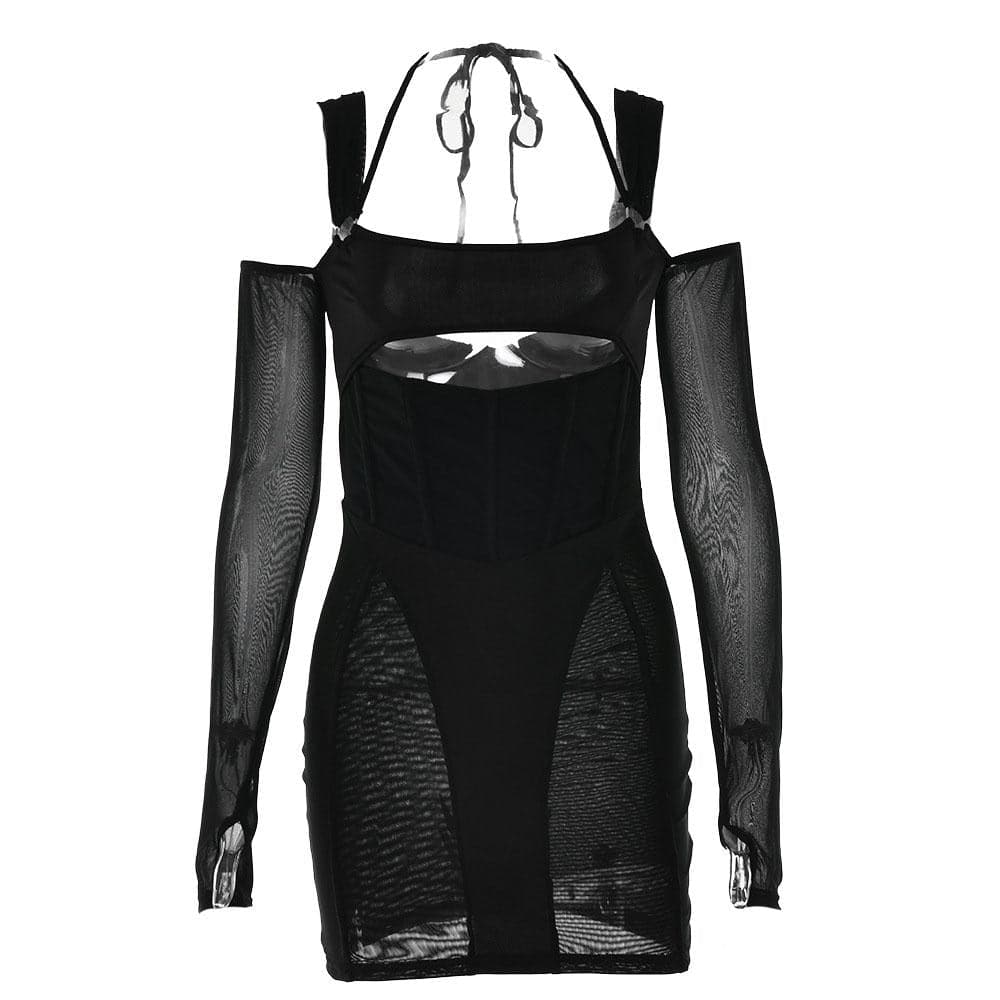 Gloves mesh corset off shoulder hollow out long sleeve halter cut out mini dress