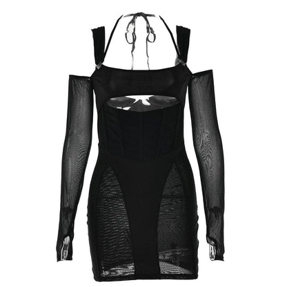Gloves mesh corset off shoulder hollow out long sleeve halter cut out mini dress