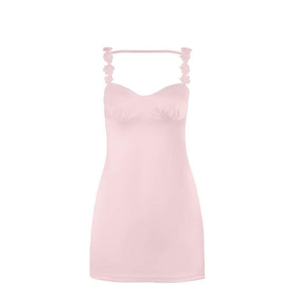 V neck flower applique ruched cami mini dress