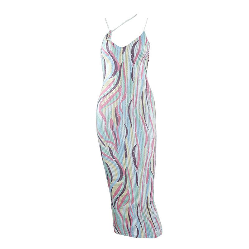 Spaghetti Strap Crossover Strap Abstract Pinstripe Print Bodycon Midi Dress