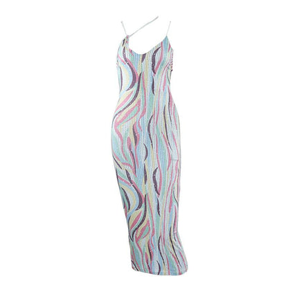Spaghetti Strap Crossover Strap Abstract Pinstripe Print Bodycon Midi Dress