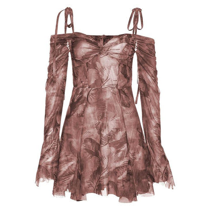 Long sleeve tie dye off shoulder ruched sweetheart neck self tie backless mini dress