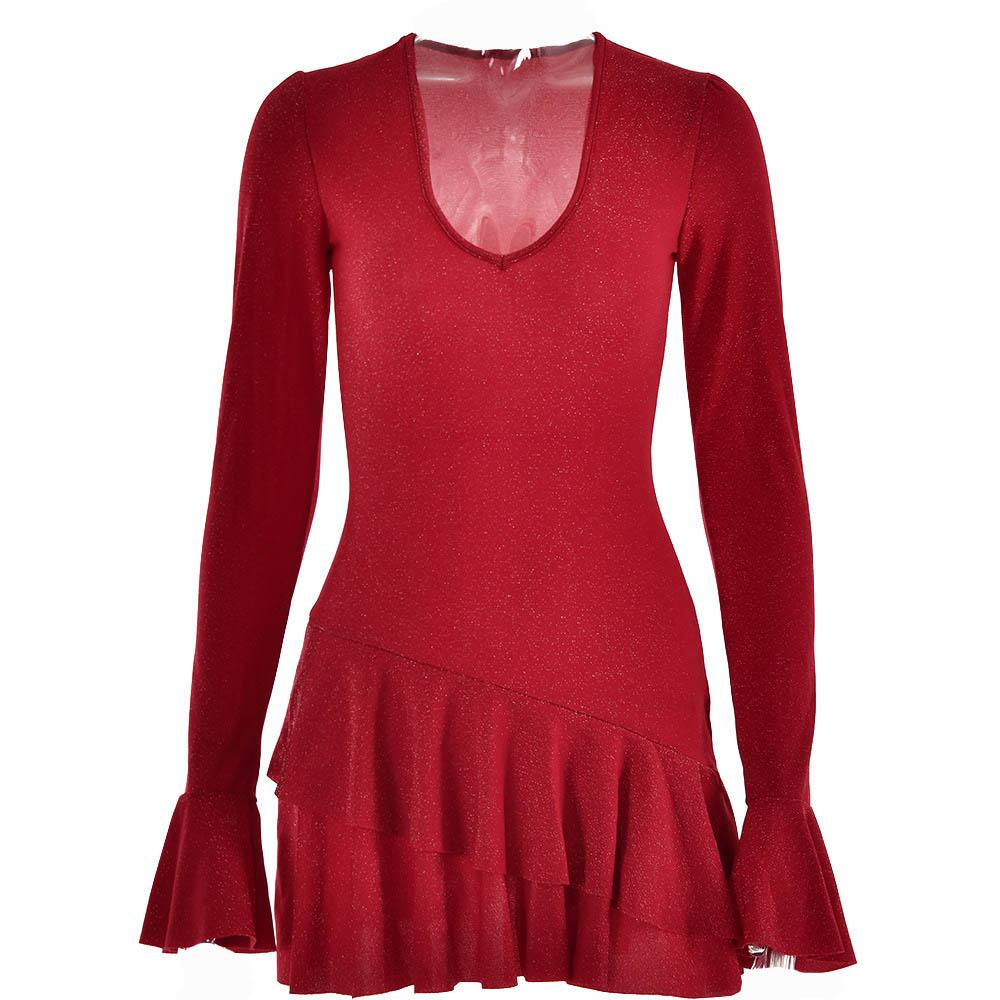 Glitter Deep V Bell Sleeve Tiered Ruffle Hem Mini Dress