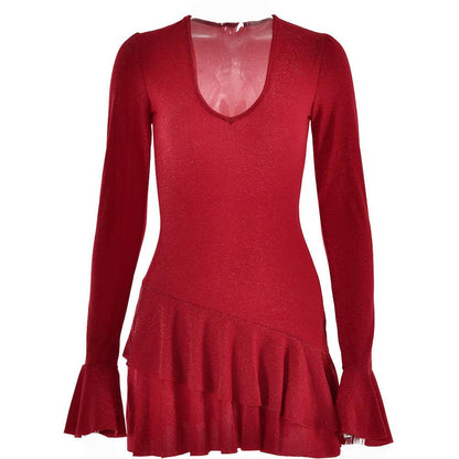 Glitter Deep V Bell Sleeve Tiered Ruffle Hem Mini Dress