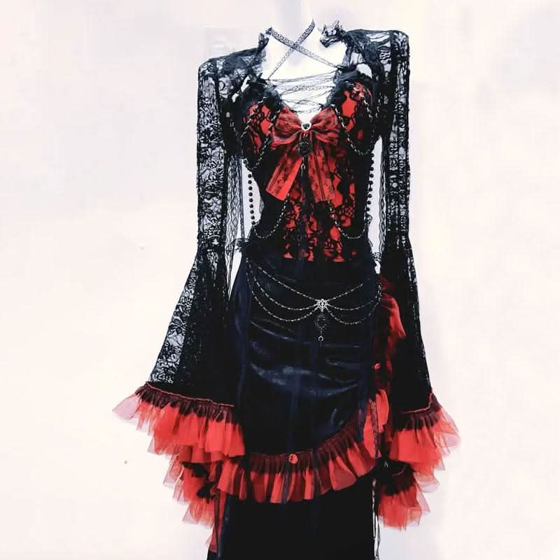 Long flared sleeve lace bowknot pleated maxi dress