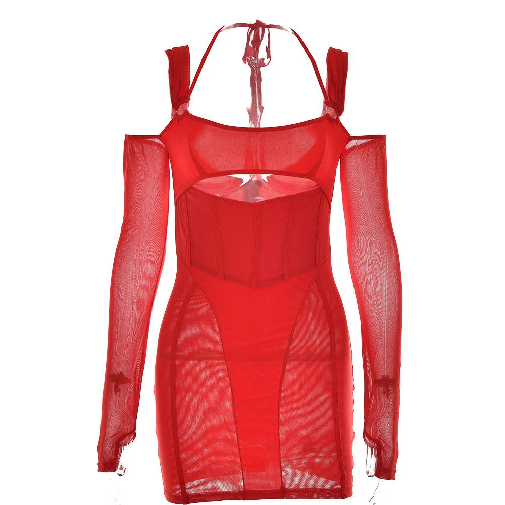 Gloves mesh corset off shoulder hollow out long sleeve halter cut out mini dress