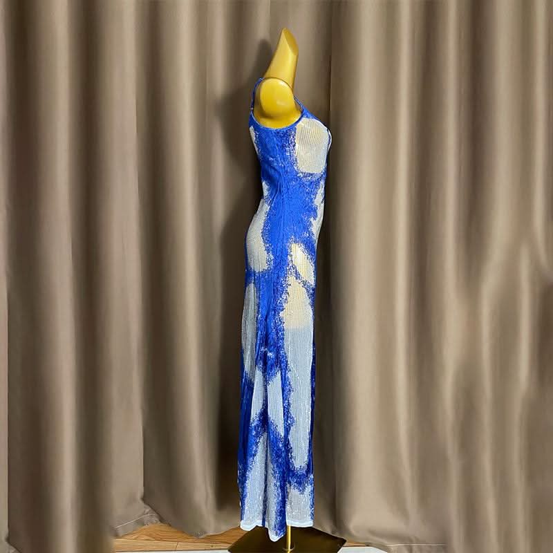 U neck beaded contrast zip-up cami maxi dress