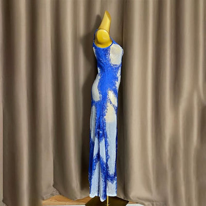 U neck beaded contrast zip-up cami maxi dress