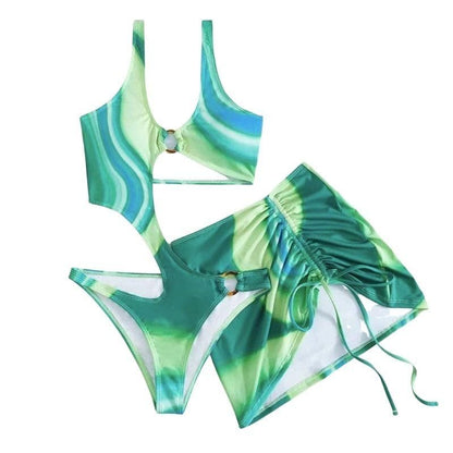 Hollow out o ring contrast drawstring one piece swimwear with cut out mini skirt
