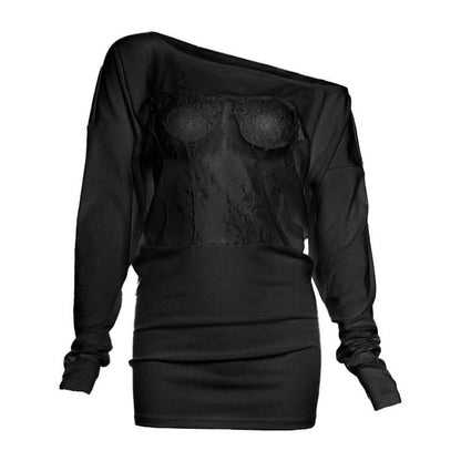 Irregular long sleeve lace see through solid top