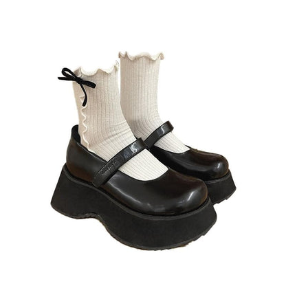 Ruffle ribbed bowknot contrast socks