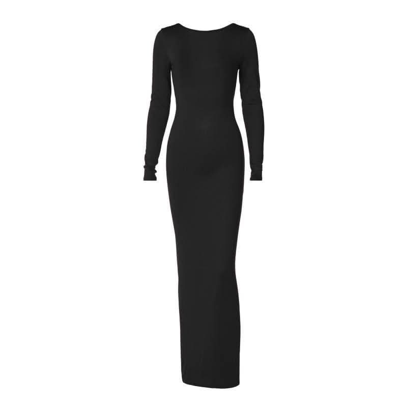 Backless ruched solid long sleeve maxi dress-final-sale