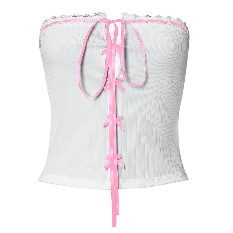 Bowknot ribbon ribbed lace hem backless tube top